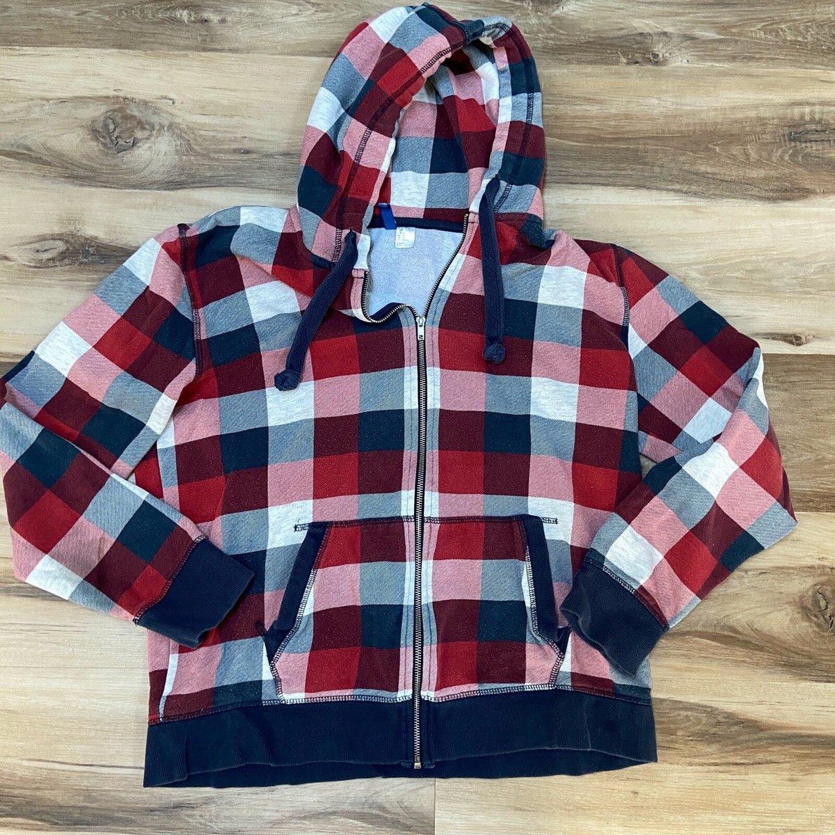 Hu0026amp;M Divided Mens Hoodie Jacket Full Zip XL Red Plaid Navy Blue | eBay