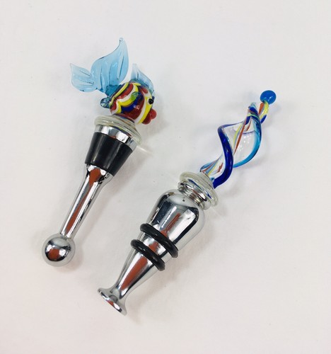 Murano Style Art Glass Wine Bottle Stoppers Set Blue Red Fish Spiral Metal base - Picture 5 of 6