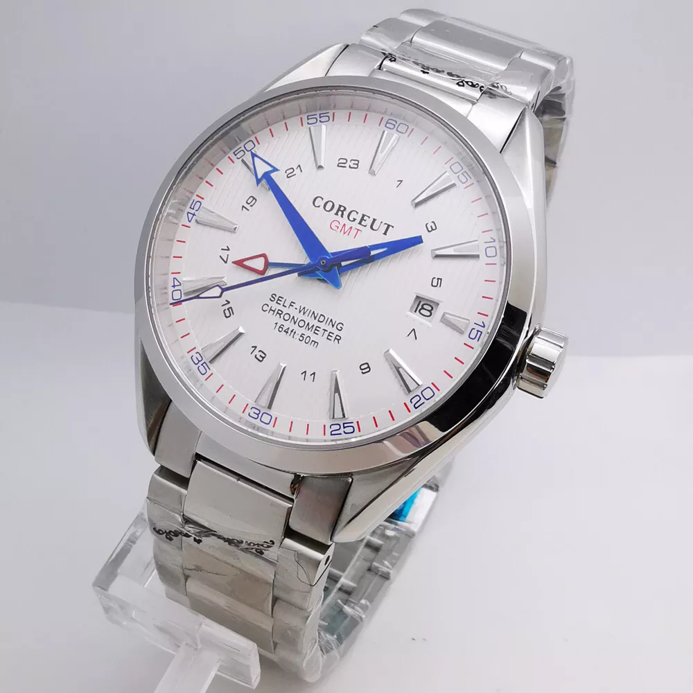 41mm Corgeut white dial sapphire glass steel strap GMT automatic men s watch