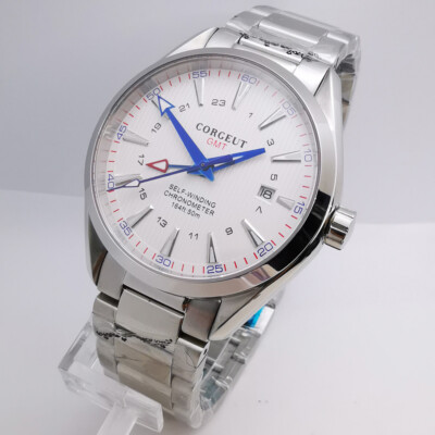 41mm Corgeut white dial sapphire glass steel strap GMT automatic men's watch 