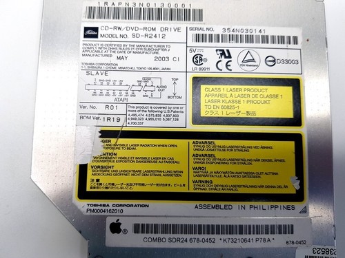 Apple Toshiba CD-RW DVD-ROM Drive Model SD-R2412 P/N 678-0452 - Picture 2 of 4