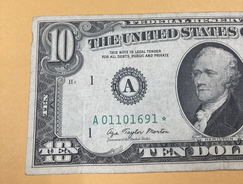 1977 US $10 Federal Reserve **Star** Note A01101691* KL#2235* banknote error ink - Picture 2 of 8