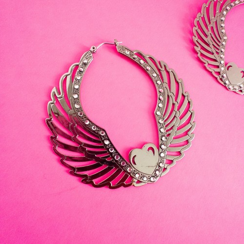 Vintage Betsey Johnson Angel Wings Trapped Heart Fly With Me Hoops Earrings - Picture 2 of 6