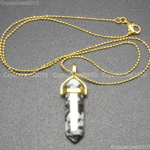 Natural Gemstones Hexagonal Pointed Reiki Chakra Pendant 18K Gold Chain Necklace - Picture 35 of 47