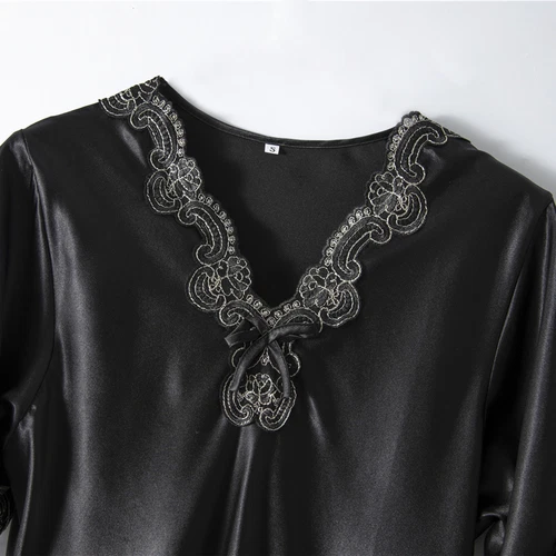 Damen Satin Nachthemd Sommer Luxus Weich Spitze Kurzarm V-Ausschnitt Schlafshirt - Bild 5 von 32