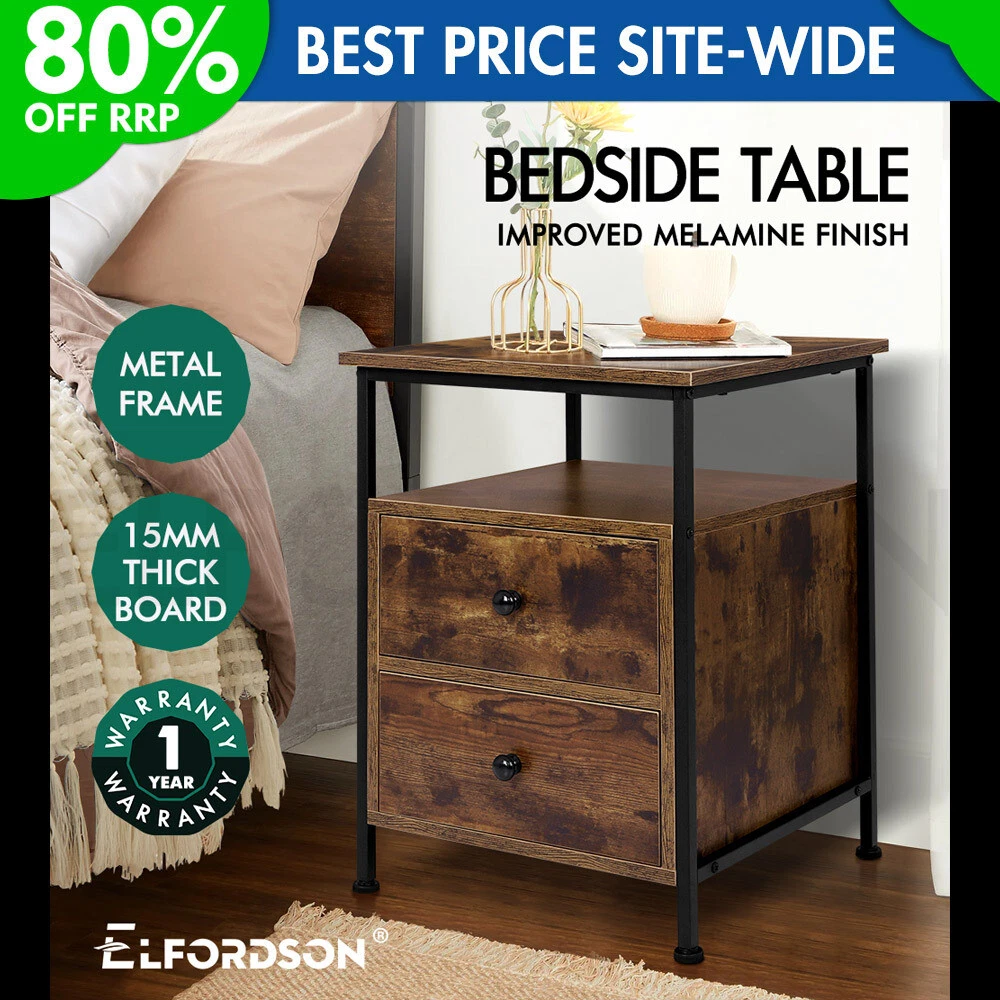 ELFORDSON Bedside Table Retro Wooden Nightstand Vintage Storage