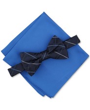 Alfani Men's Canfield Grid Bow Tie Solid Pocket Square Set, Navy, 47449