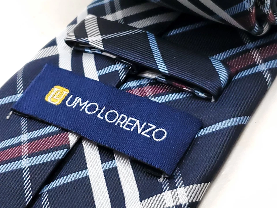 Corbata UMO LORENZO Hecha a Mano 100% Microfibra Azul Marino Blanco Cuadros NUEVA Foto 4 de 4
