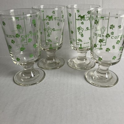 Vintage Shamrock And Recipe Irish Coffee Footed Glasses Set-4 Barware Kitschy