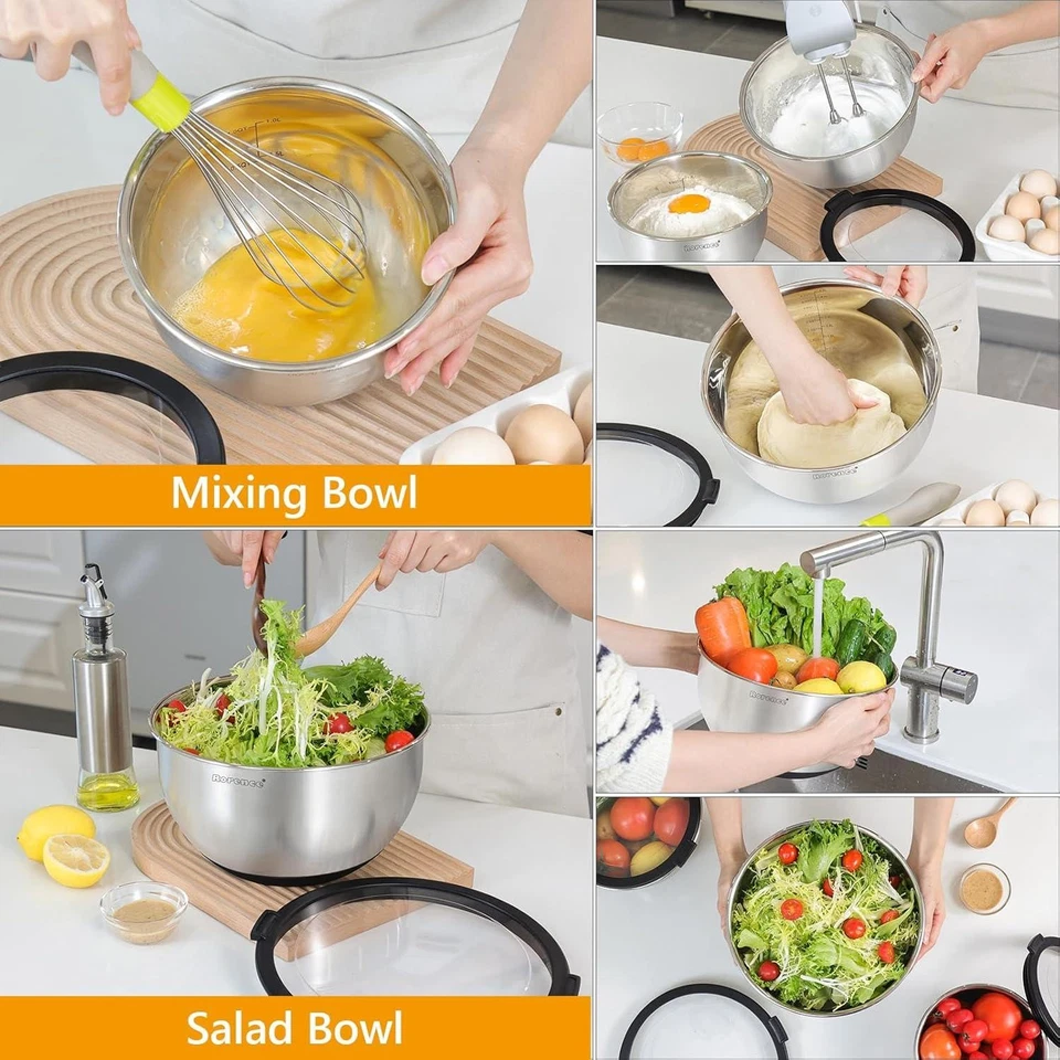 Juego de cuencos mezcladores de acero inoxidable Rorence con tapas transparentes, metal anidado de Foto 3 de 4