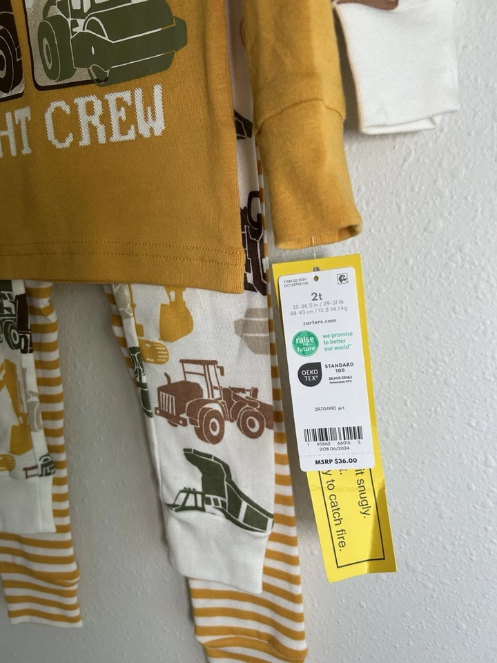 Carter’s Talla 2T Juego de 4 Piezas Pijama Niño Amarillo Excavadora Camión Volquete NUEVO Foto 4 de 4