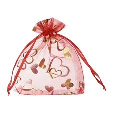 50 Pcs Organza Bag 4"x5" Sheer Heart Mesh Bags Drawstring Red-Gold