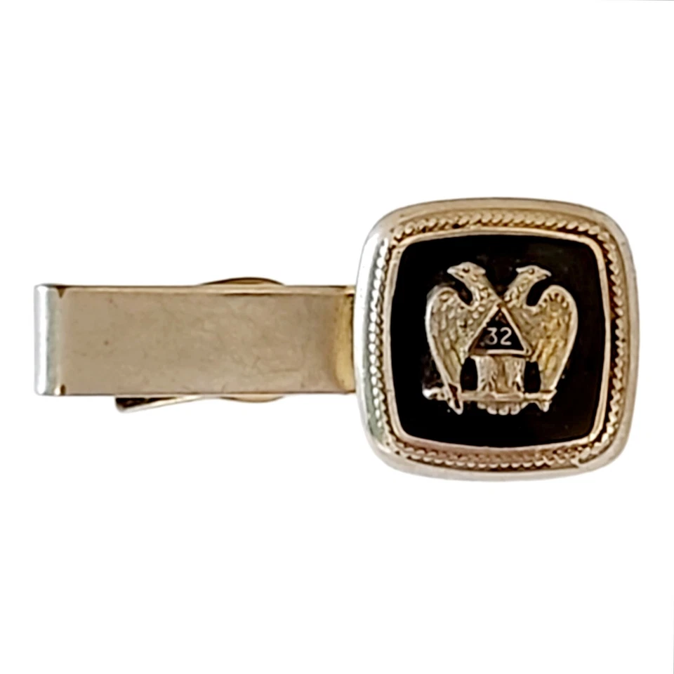 Masonic Double Eagle 32nd Scottish Rite Vintage Tie Bar Gold Tone Pewter 1920 - Image 4 of 4