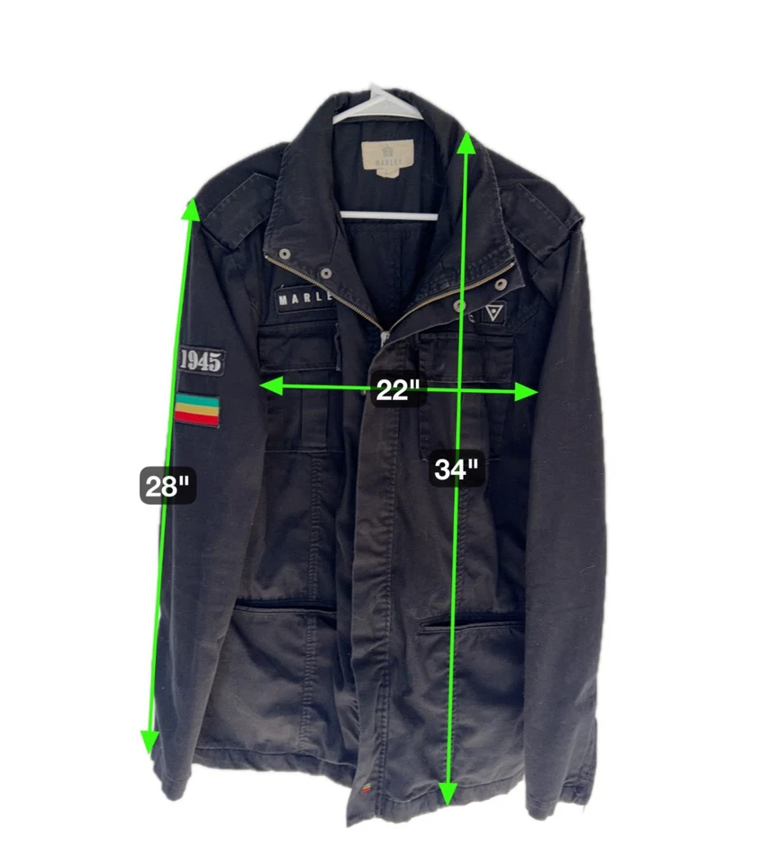 Marley M65 Black Military Field Jacket Men's Size Large 1945 Rasta Patches Hood - Imagem 2 de 4