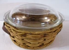 Vintage 3 Pc Pyrex 024 Casserole Dish with Lid & Wicker Basket Leather Handles