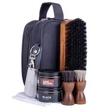 Travel Shoe Shine Dopp Kit Black Brown Leather Polish Cream Brush Shoehorn