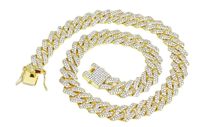 Gold Toned rhinestone Cuban Link necklace 14mm Coarse Encryption Full Diameter