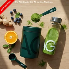 AG1 Athletic Greens Metal Canister with Metal Scoop and Mixing Bottle