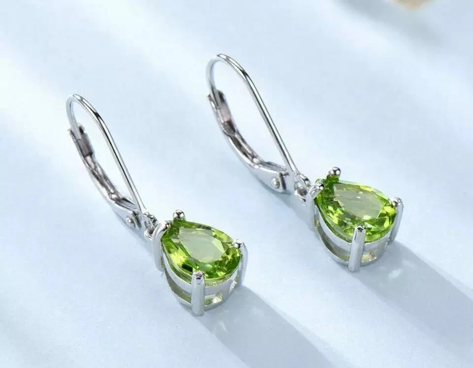 4Ct Pear Cut Green Peridot Diamond Drop/Dangle Earrings 14K White Gold Finish - Image 2 of 4