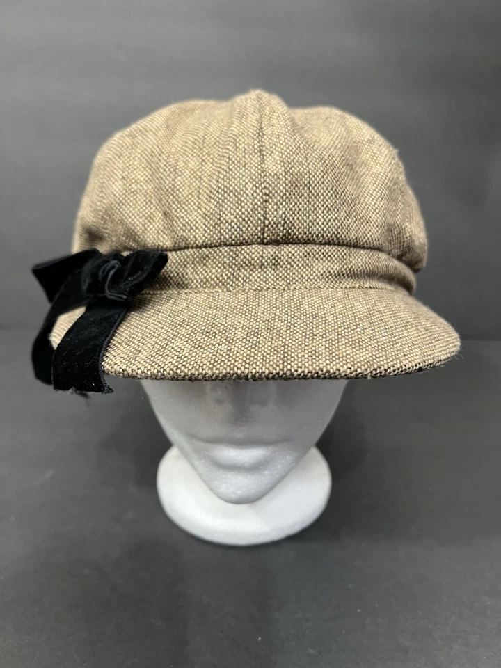 Vtg Woman Tweed Newsboy Cap Black Velvet Bow Baker Boy Y2K Cottagecore Academia - Image 2 of 4