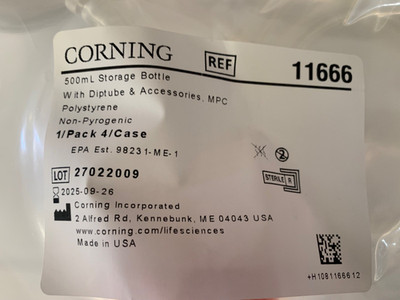 6 x Corning  500 mL Easy Grip Polystyrene Storage Bottle * Dip Tube * 11666