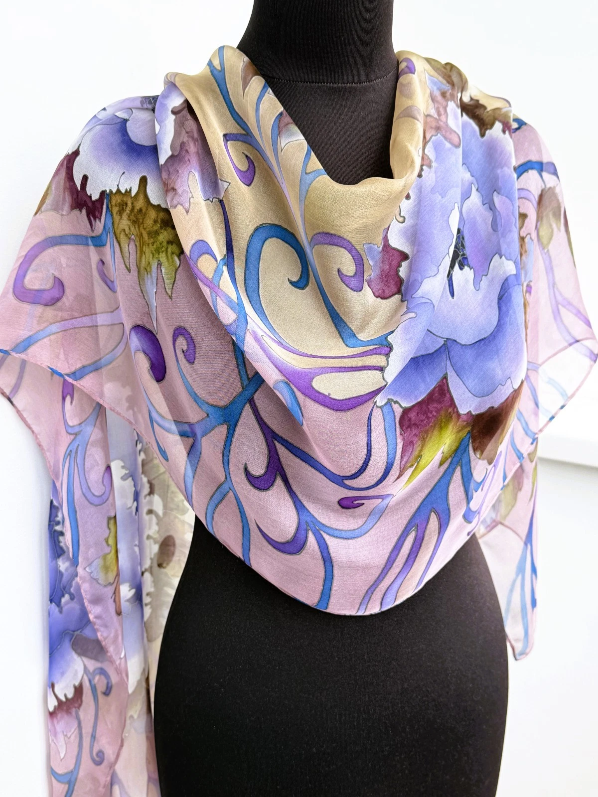 Hand Painted Silk Scarf Peonies, Pastel Colors, Natural Silk, Gift for Her 71/17