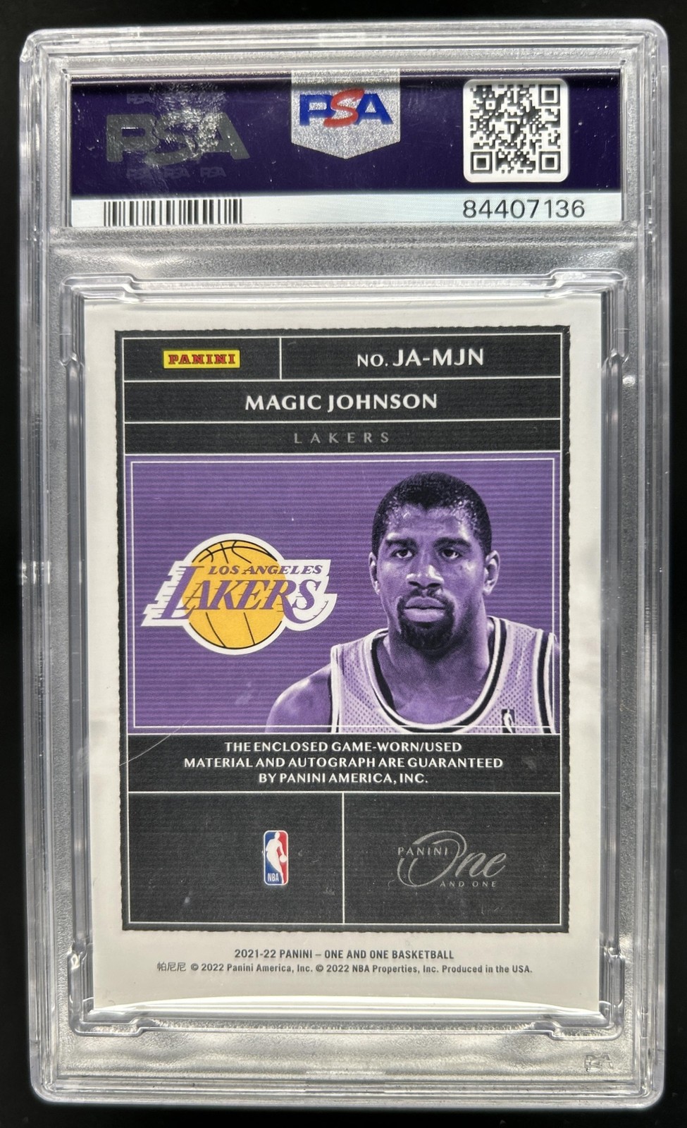 2021-22 Panini One and One Magic Johnson Jersey Auto Autograph #/49 Lakers PSA 9 view 2