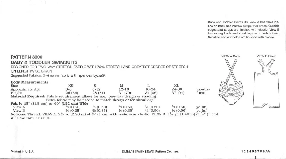 Vintage Uncut Kwik Sew Sewing Pattern # 1599 Toddler Swimsuit Sizes: XS-S-M-L-XL - Image 2 of 3