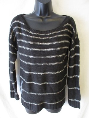 アナ A.N.A. Acrylic Size M Crewneck Black Striped 3/4 Sleeve Sweater SR