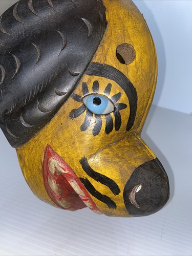 Vintage Carved Wood Dog Head Face Mask Glass Eyes Wall Hanging One Of A Kind - Picture 11 of 22