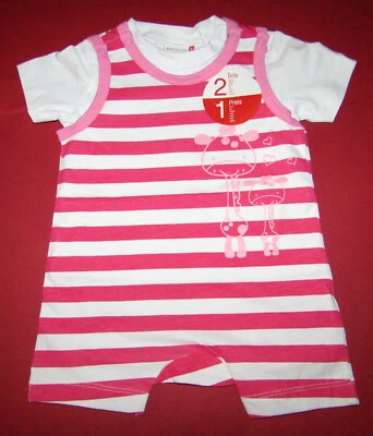 BERTI NKD Baby Mädchen Stramplerset kurzarm rosa rot weiß gestreift Sommer 2-teilig NEU