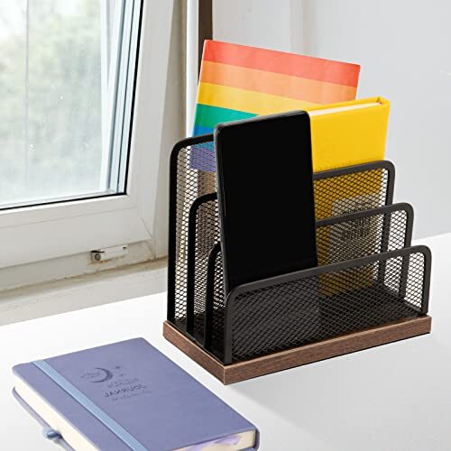 Wooden Desk Mail Organizer, Desktop File Organizer Metal Mesh with 3 BLACK - Picture 5 of 8