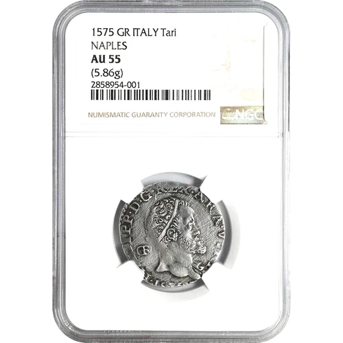 1575 Italian States, Naples, 1 Tari, NGC AU 55, Italy, Rare & Exceptional