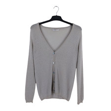 Johnstons of Elgin Size 34" (Fits 12) Grey Silver Striped 100% Cashmere Cardigan