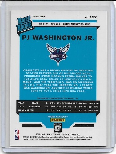 2019-20 NBA Donruss Optic PJ Washington Purple Prizm RC Autograph Auto #152 - Picture 2 of 2