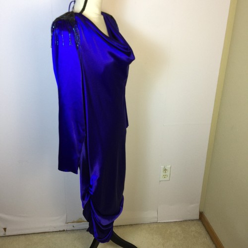 Joy Stevens Vintage Dress Size 12 Womans Blue Satin Double Cowl Neck Embellished - Picture 3 of 17