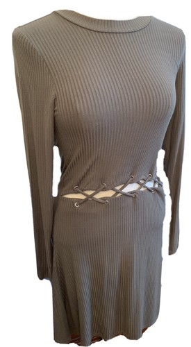 Small American Eagle Outfitters Khaki Green Long Sleeve Rib Knit Dress Open Wais