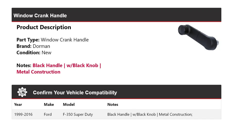 Manivela de ventana Dorman 2000 2001 2002 para Ford F-350 Super Duty 1999-2016 Foto 2 de 4