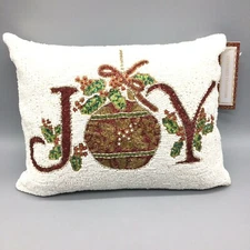 Christmas JOY Holiday Beaded Throw Pillow Ornament Holly Berries Bow Decor 16"