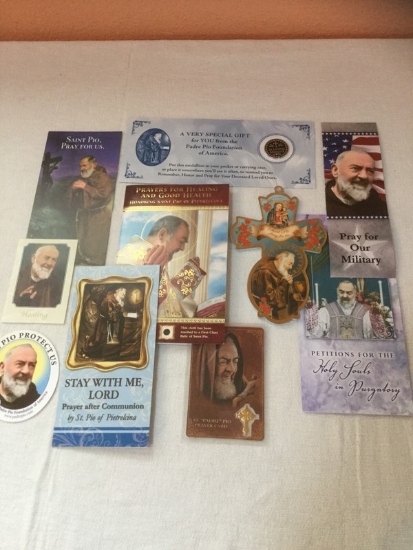 Padre Pio Crucifix, Relic, Medallion, Healing booklet, communion prayer card ...
