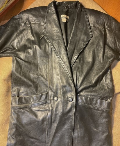 VTG Black Full Length Woman’s Leather Coat, 2 Front 9X12” Pockets, Dbl Breasted - Picture 18 of 19