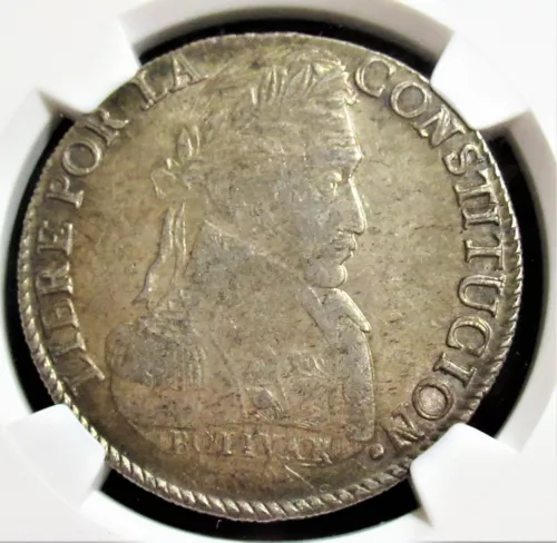 Bolivia 1836-PTS LM Silver 8 Soles KM-97 NGC AU-58.