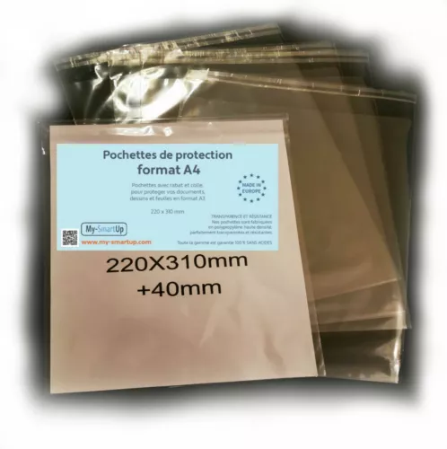 100 Pochettes Format A4 avec rabat (22x31+4 cm)  38 microns