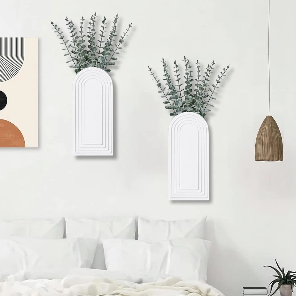 Paquete de 2 jarrones de pared de madera, acabado blanco, decoración de pared moderna de granja y boho Foto 3 de 4