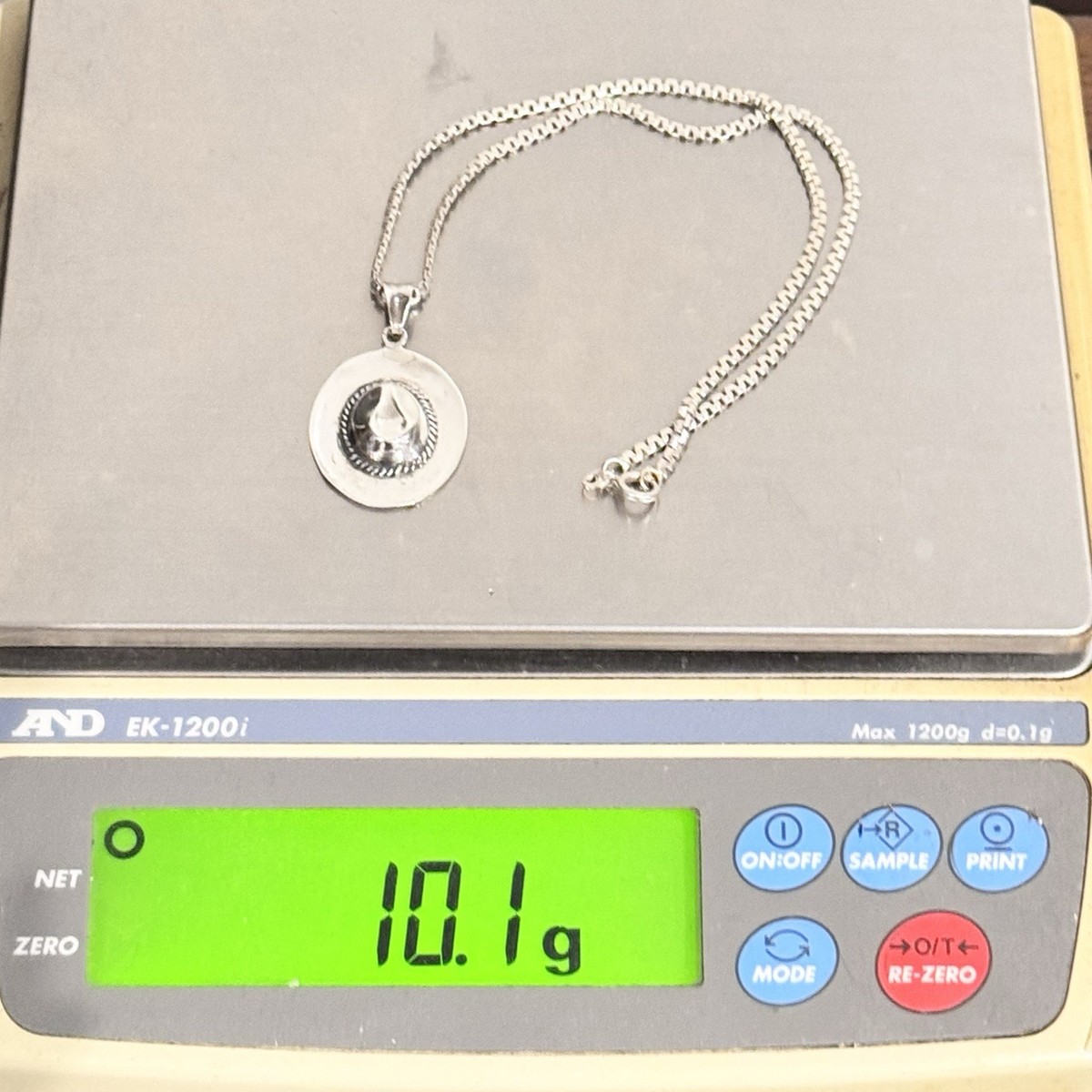 Vintage Sterling Silver Cowboy Hat Charm Pendant 40mm /Necklace 15.50in/ 10.1 Gr View 5