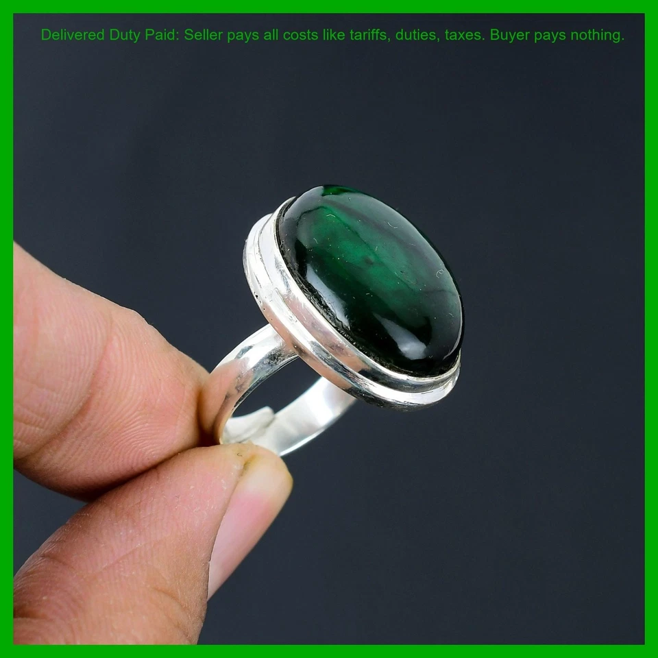 Anillo bisel solitario étnico piedra labradorita fuego verde ovalado joyería plata 925 Foto 4 de 4