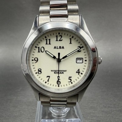 Seiko Alba Watch Men 35mm Luminous Dial Silver Tone Date VX32-KTJ0