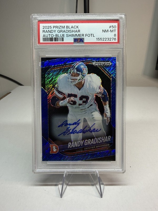 2025 Panini Prizm Black Randy Gradishar Blue Shimmer Auto /15 #50 PSA 8