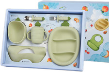 Matcha Green Silicone Baby Feeding Set - Plate, Bowl, Cup, Fork, Spoon, Bib