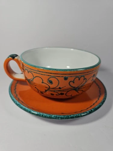 VTG XXL Italian Handmade & Painted Cup & Saucer Orange & Green